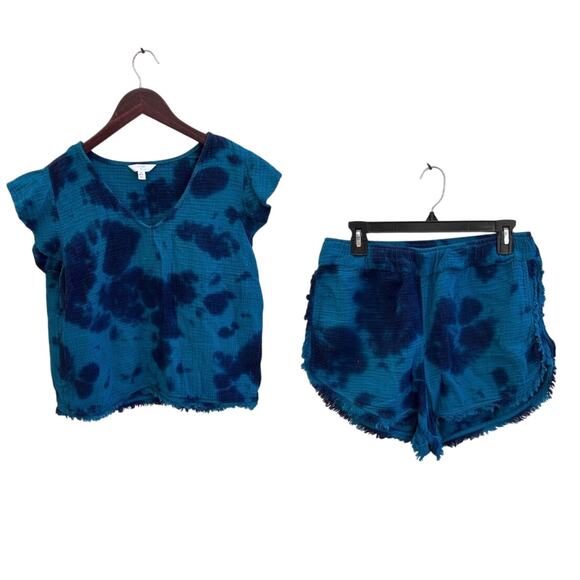 Teal Blue Tie Dye Textured 2 Piece Set Fringe Hem Lounge Outfit Size M - Picture 1 of 8